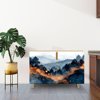 Sideboard Buffet Cabinet with Storage Misty Pine Corridor Watercolor with 2 Doors for Living Room and Kitchen