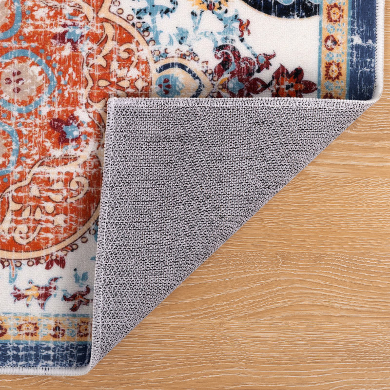 Machine Washable Non-Slip Kitchen Mat, Orange/Navy