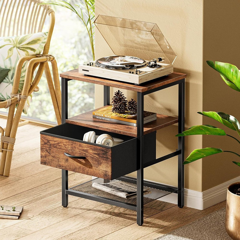 Ensemble de 2 tables de chevet avec tiroir en tissu et tablette en filet, tables de chevet rustiques brunes avec rangement, structure en métal, tablette ouverte, style industriel