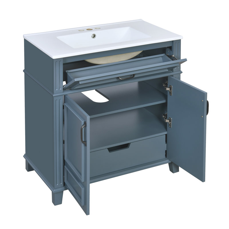 Meuble-lavabo de salle de bain rétro 30 po avec lavabo en céramique et structure en bois massif bleu