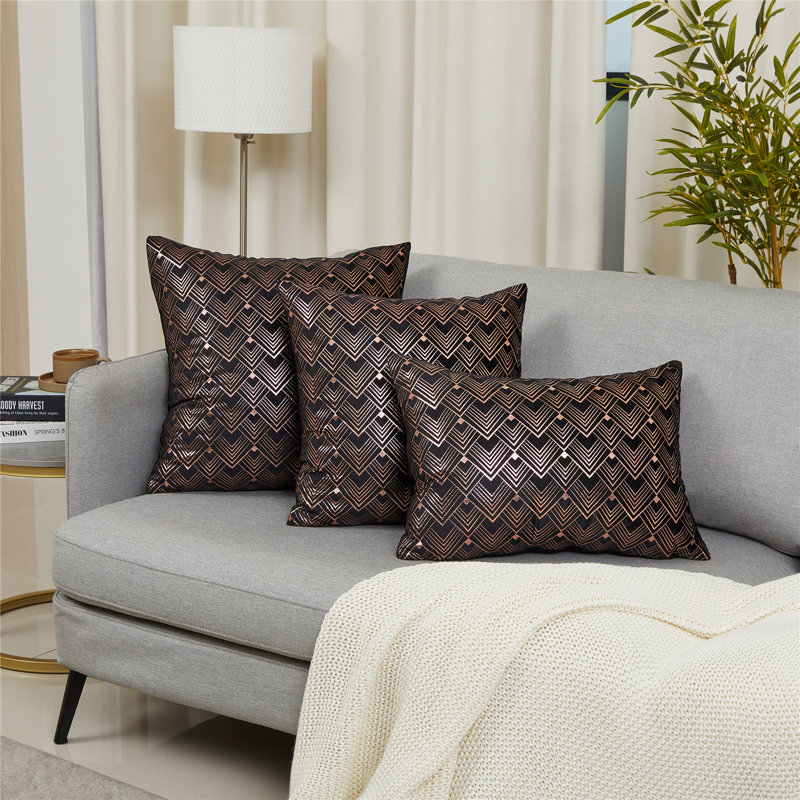 Housse de coussin décoratif en velours avec motif géométrique, 20 po x 14 po, Noir