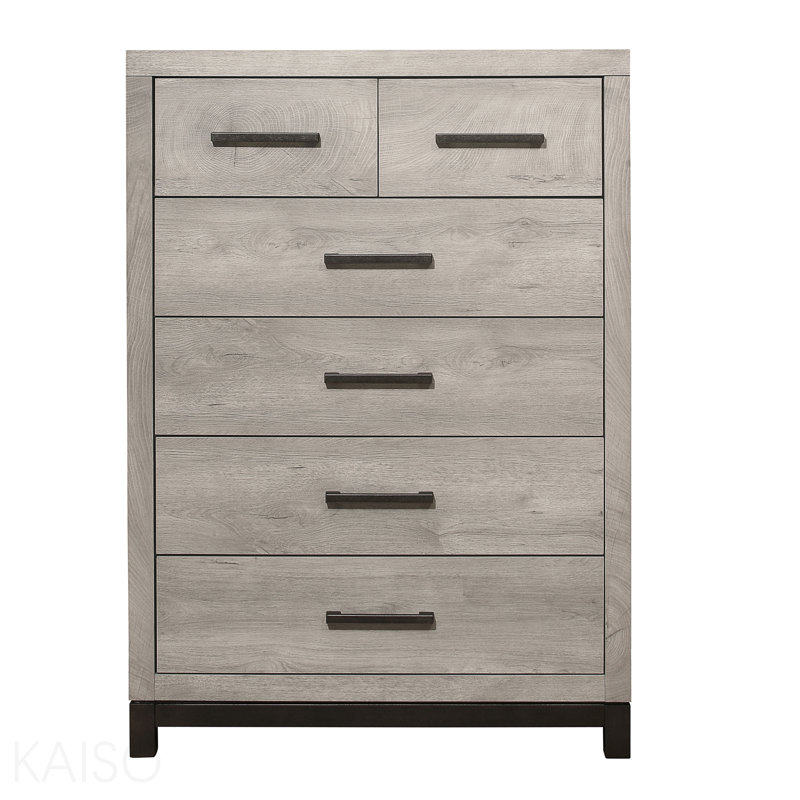 Commode de chambre à coucher bicolore à finition grise 1 pièce avec 5 tiroirs de rangement
