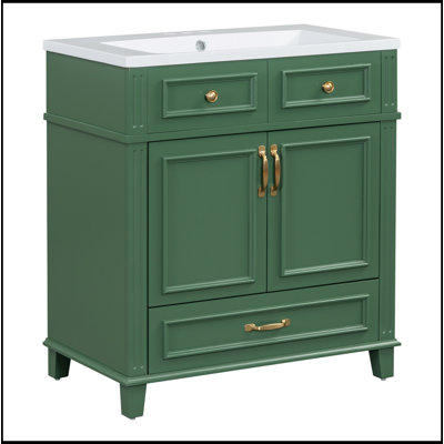 Meuble-lavabo de 30 po avec lavabo en résine, armoire de rangement en bois massif avec portes à fermeture douce, style rétro