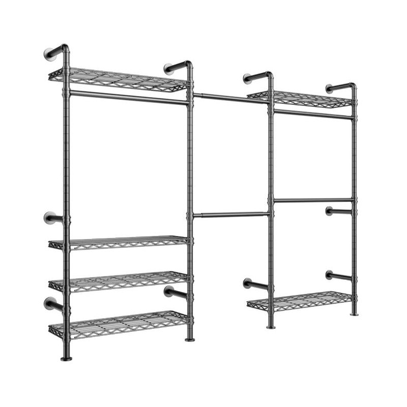  F3 Plus Heavy Duty Wall Mounted Clothing Rack with Shelves, Expandable Industrial Pipe Garment Rack System, Black