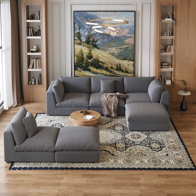 156.6'' Oversized U Shaped 6 Piece Modular Cloud Sectional Sofa with Two Ottoman, Black Velvet