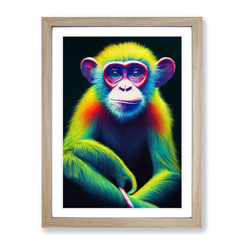 Neon Monkey No.3 - Wall Art, 34cm H x 25cm W x 2cm D, Oak Framed