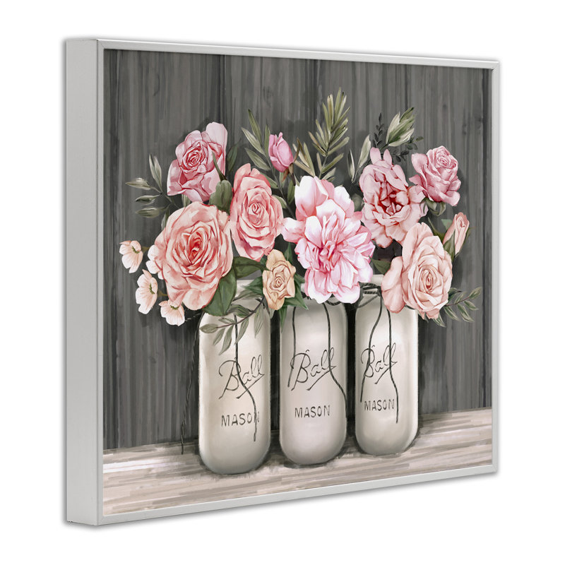 Bouquets de roses roses en fleurs, pots rustiques - peinture, H 11 po x l 14 po, Giclée encadrée blanc bord de mer