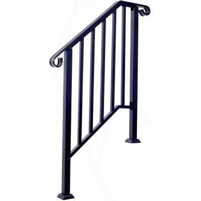 Handrails For Outdoor Steps, Fit 2 Or 3 Steps Outdoor Stair Railing, Picket Wrought Iron Handrail, Flexible Porch Railing, Black Transitional Handrails For Concrete Steps Or Wooden Stairs