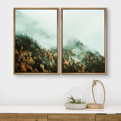 IDÉE4WALL, reproduction d'art sur toile, automne, orange, vert, forêt, arbres, nature, photographie, réalisme, paysage décoratif, zen multicolore pour le salon, la chambre à coucher, le bureau - 2 pièces sur