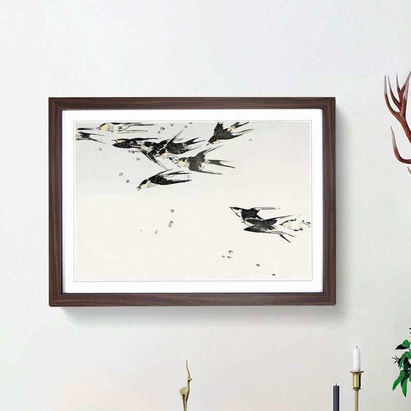 Flying Swallows by Watanabe Seitei - Picture Frame Painting Print, 48cm H x 65cm W x 2cm D, Walnut Framed