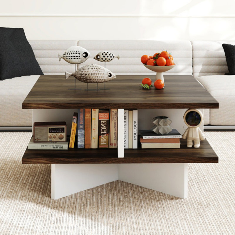 Table basse carrée à 2 niveaux avec 4 compartiments de rangement