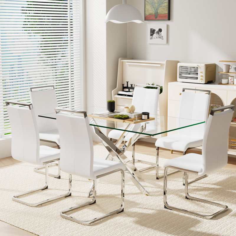 7 PCS,63" Rectangular Tempered Glass Table with 6 PU Leathe Upholstered Chairs, Silver, White/Silver