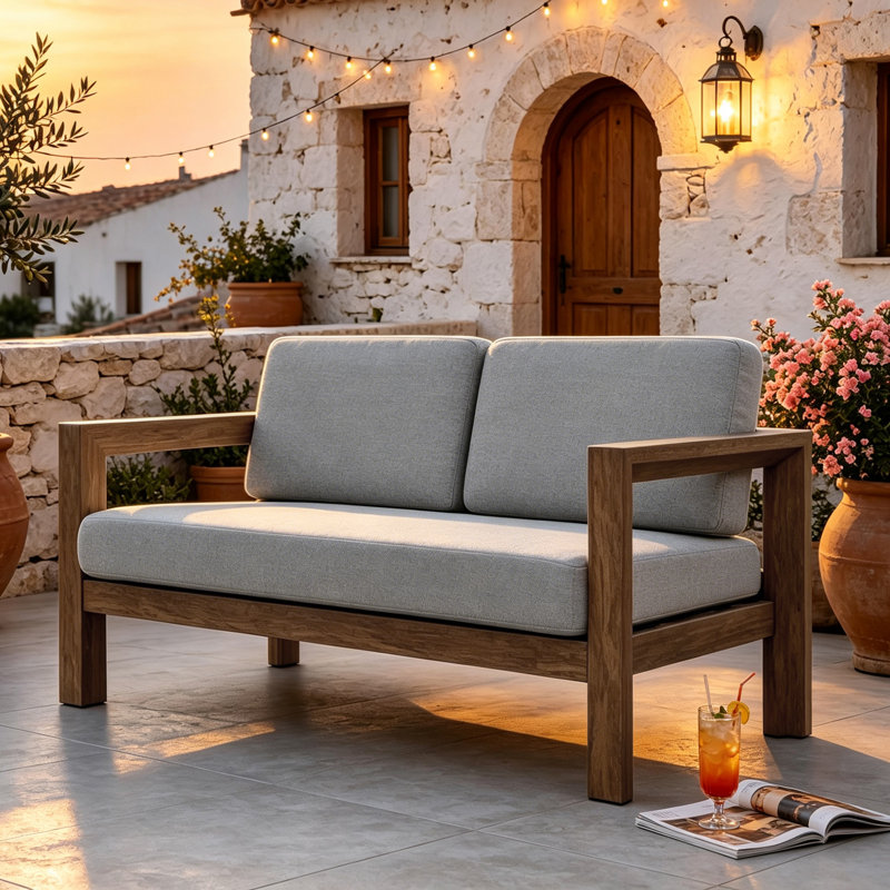 Canapé d'extérieur en bois massif pour patio, Gris clair
