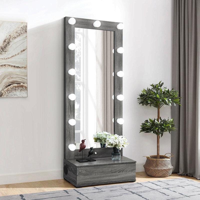 Grey Tall Mirror With Drawer And Speakers