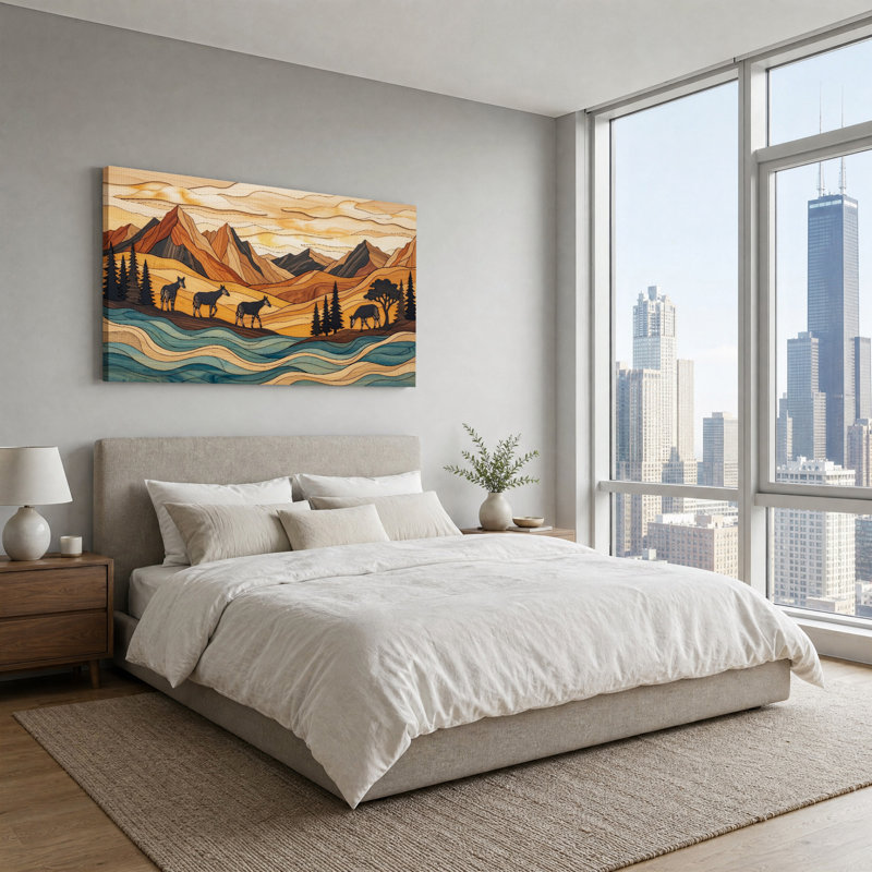 «Layered Wood Style», art rayé sur toile, paysage de montagne, 32“W x 16”H