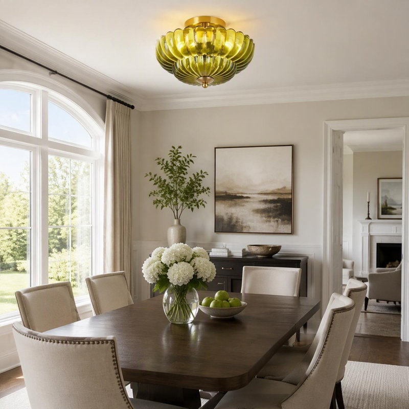 Plafonnier semi-encastré 3 lumières rétro avec abat-jour en verre pour l'entrée de la chambre à coucher, vert et or 11,8 po