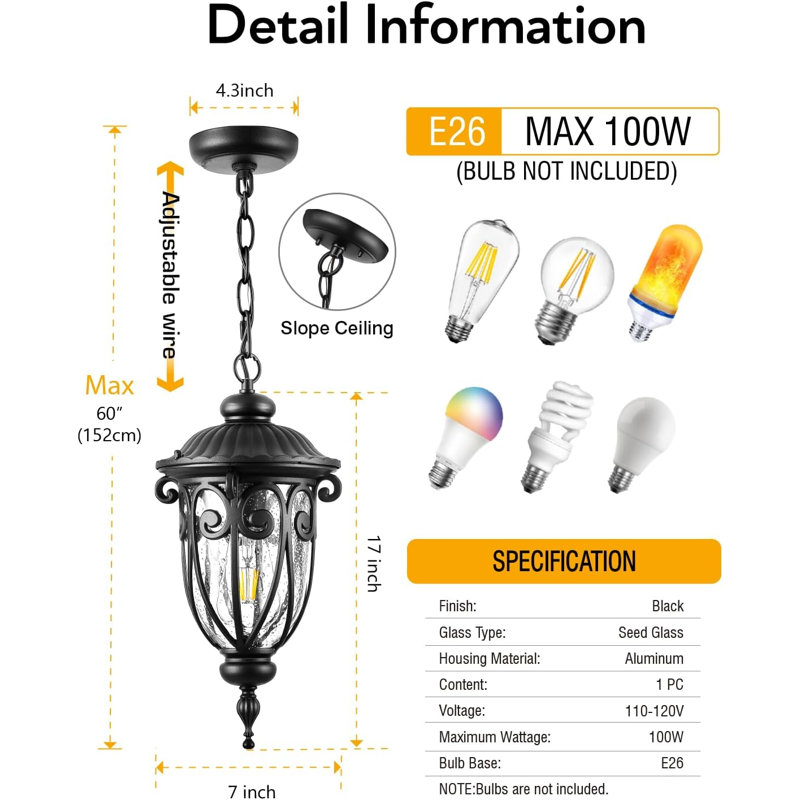 Luminaire suspendu d'extérieur câblé 17 po, Noir