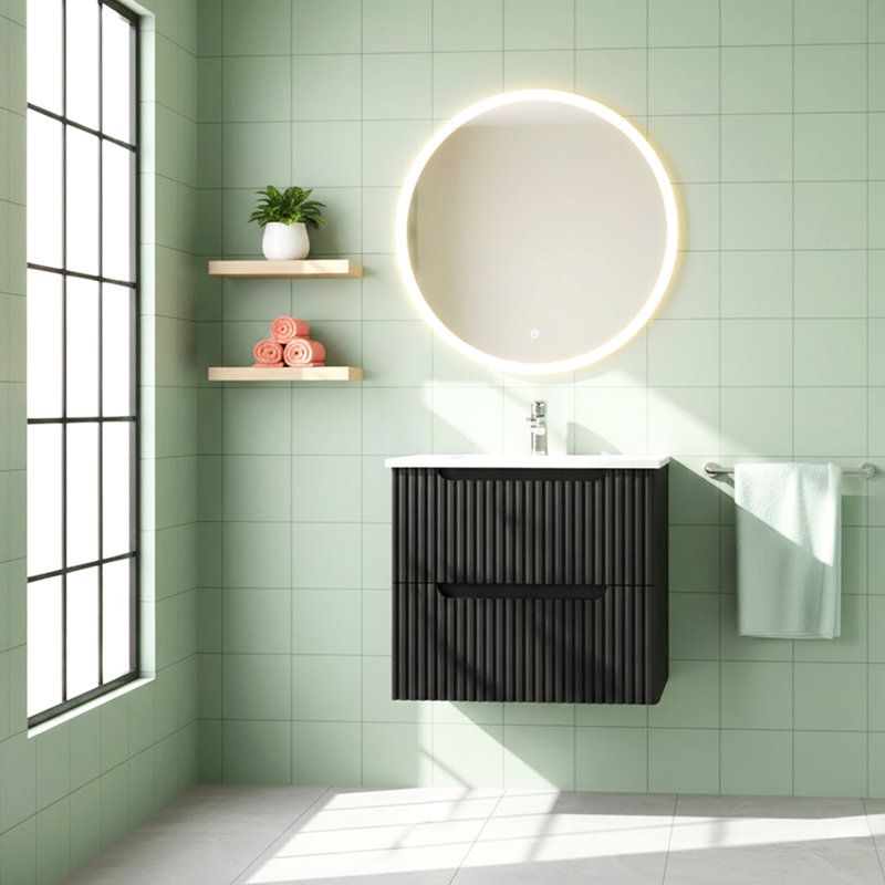 Ensemble de meuble-lavabo mural avec évier flottant 24 po Goodyo, système de fermeture en douceur, 2 très grands tiroirs, noir