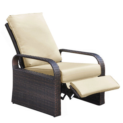 Outdoor Recliner, Automatic Adjustable Wicker Lounge Recliner Chair With Comfy Thicken Cushion, All Weather Aluminum Frame, Brown Wicker + Khaki Cushion