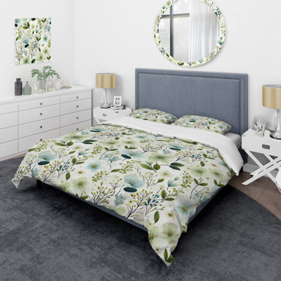 Green And White Ferns Sereny Box Stitch Floral Duvet Cover Set