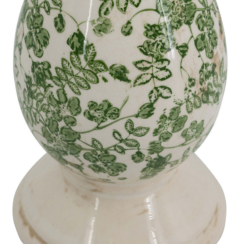 Grand bougeoir en céramique blanche avec motifs floraux verts, grand, H 12,4 po x l 5,3 po x P 5,3 po