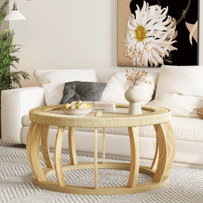 Table basse ronde vintage et en bois massif de 34,57 po, pieds courbés, style côtier de style bohémien moderne, pieds pour un style stable