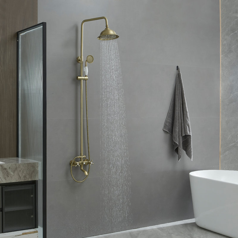 Ensemble de douche à 3 jets avec pomme de douche ronde avec douchette et douchette en laiton, 2 boutons croisés en or brossé
