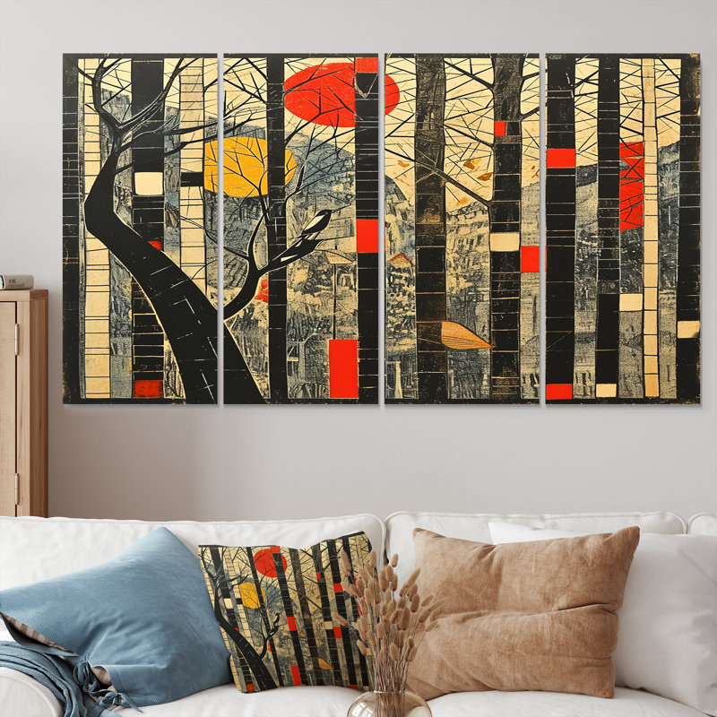 4 pièces d'art mural japonais en bambou, lune rouge japonaise, H 28 po x l 48 po