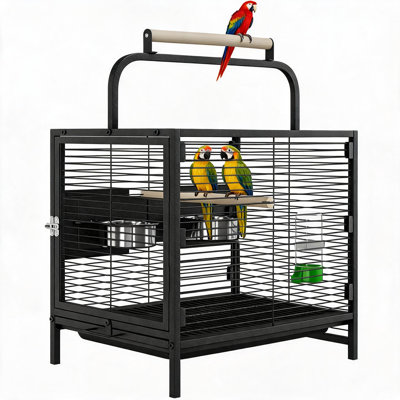 25.9" H Wrought Iron Portable Travel Bird Cage Carrier with Play Top, Food Bowl and Perch for Canaries, Budgies, Parrotlets, Lovebirds, Conures and Cockatiels