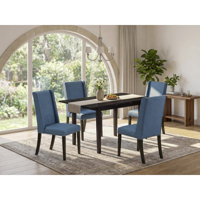 5 Piece Dinette Set for 4 Includes a Rectangle Dining Room Table with Butterfly Leaf and 4 Blue Linen Fabric Upholstered Chairs, Black