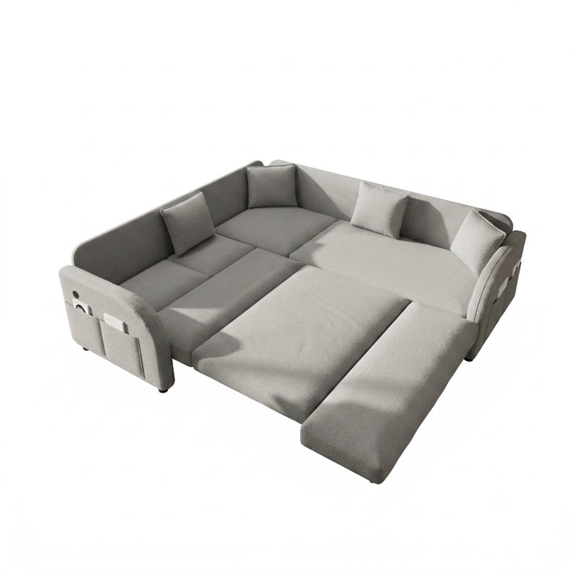 Canapé convertible en L 85,1 po avec lit escamotable, poche latérale et port USB, Gris clair