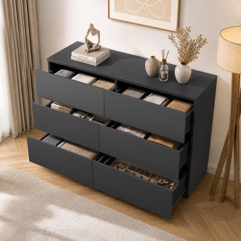 Commode 6 tiroirs pour chambre à coucher, commode moderne, noir