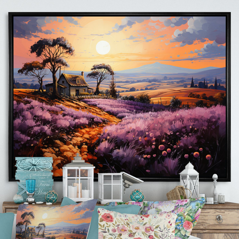«Countryside Lavender Landscape Patchwork IV», reproduction sur toile, H 12 po x l 20 po x P 1 po, Cadre flottant noir