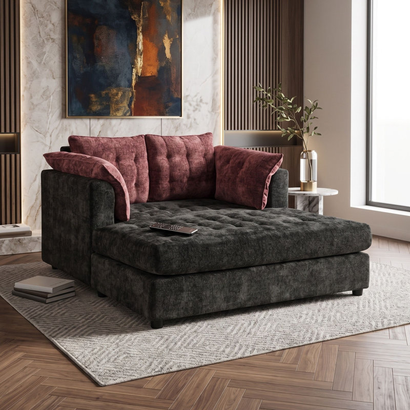 Canapé méridienne 2 places, canapé profond capitonné en chenille avec accoudoirs coussins pour salon, Black Red