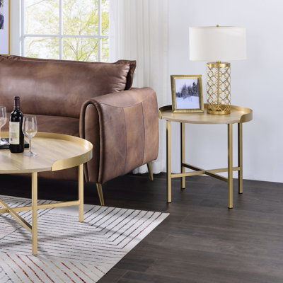 Oak And Gold End Table With Metal Base - Fits Modern Living Stable Construction Improves Space