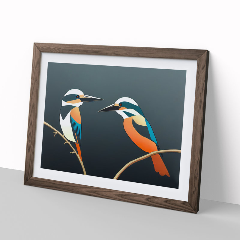 Abstract Kingfisher Birds - Framed Print, 46cm H x 64cm W x 2cm D, Walnut