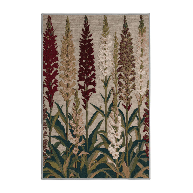 Tapis gris botanique lavable à la machine, Rectangle 7 pi x 10 pi