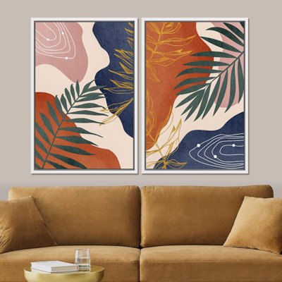 Art moderne rétro, plantes géométriques de style Mid-Century, plantes abstraites, motif bohémien, 2 pièces