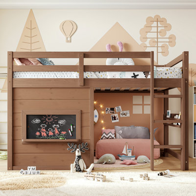 Twin Size Loft Bed with Sliding Double-Sided Chalkboard, Built-In Bookshelf, Safety Guardrails & Pine Wood Frame,Natural