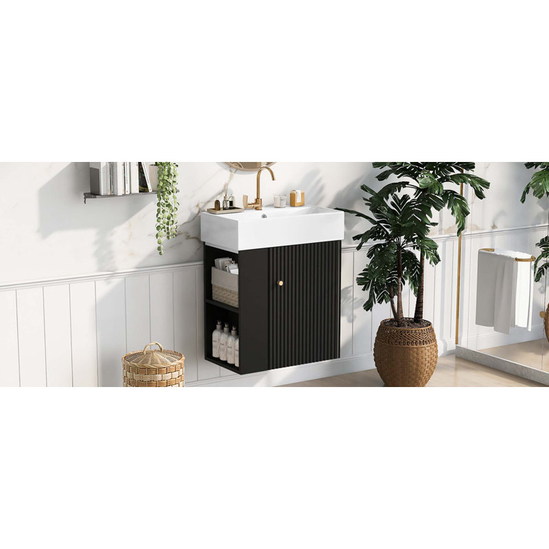 21.6 Inch Modern Floating Bathroom Vanity With Ceramic Basin-Perfect For Small Bathrooms, Left Side Storage, Black