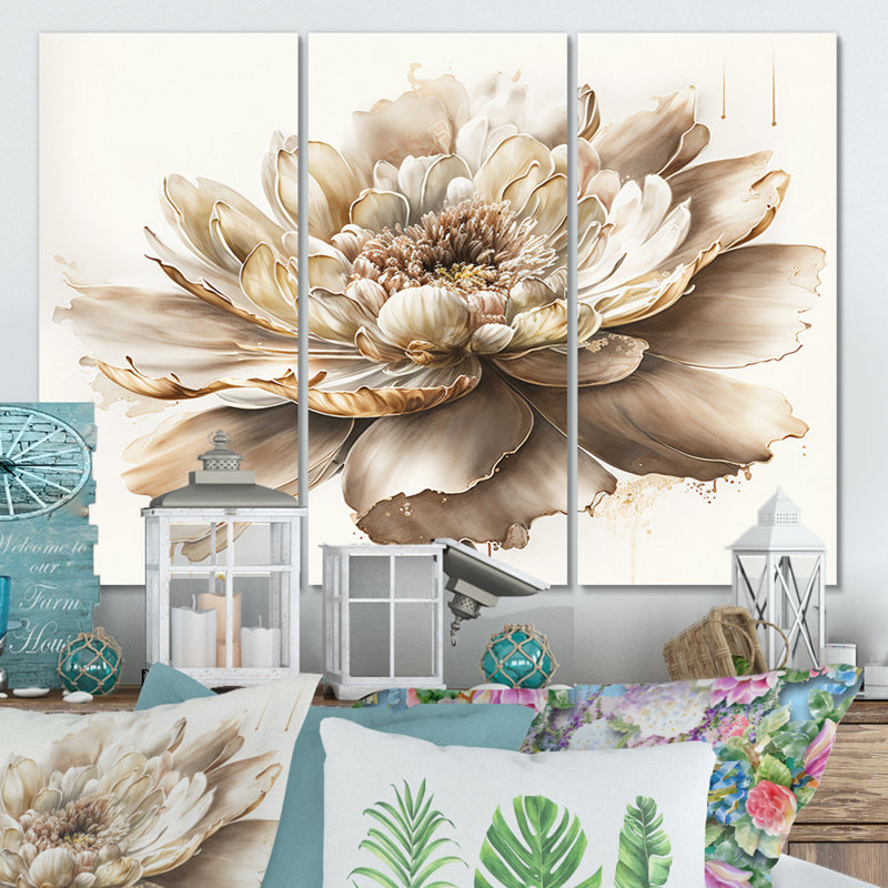 Ensemble de 3 pièces florales à motif de fleurs beiges - Beige, H 32 po x l 48 po x P 1 po