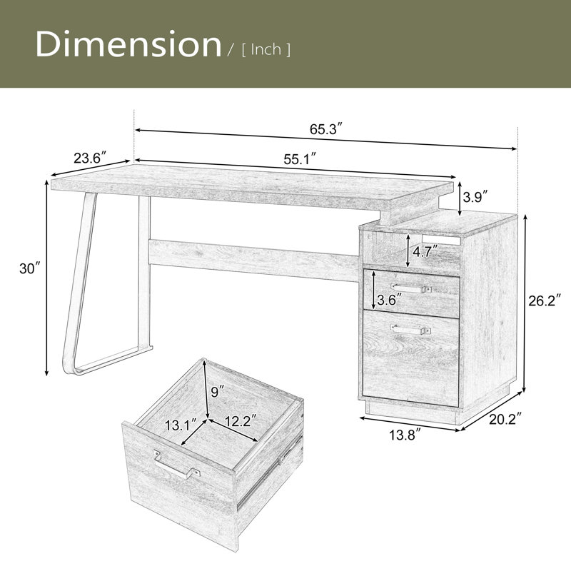 Home Office Computer Desk With Drawers/Hanging Letter-Size Files, 65 Inch Writing Study Table With Drawers