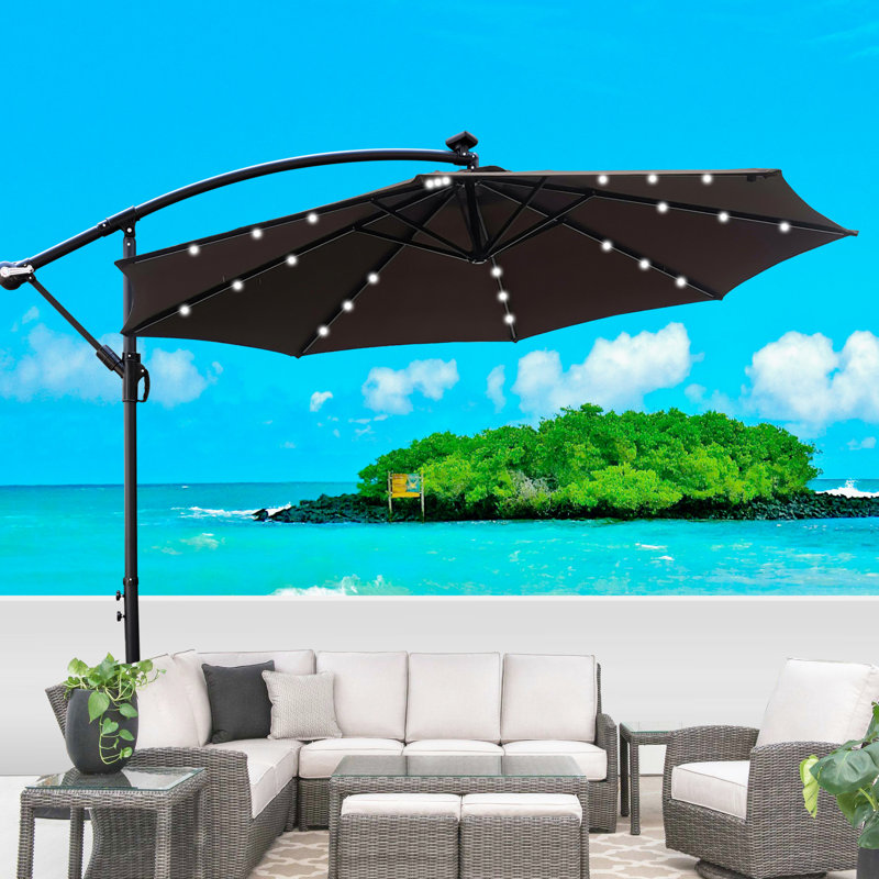 Parasol de patio 10 pi - DEL solaire, base stable, 8 nervures pour la terrasse du jardin, conduit extérieur, nervures, cour arrière