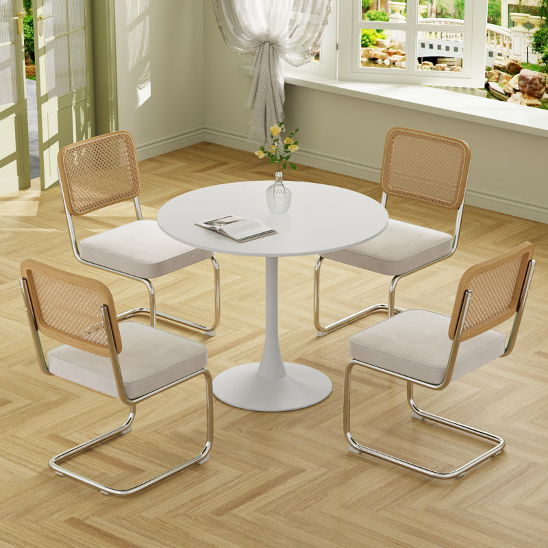 5 - Piece Pedestal Dining Table Set, Beige/Silver, 28.7"H x 31.5"L x 31.5"W, White
