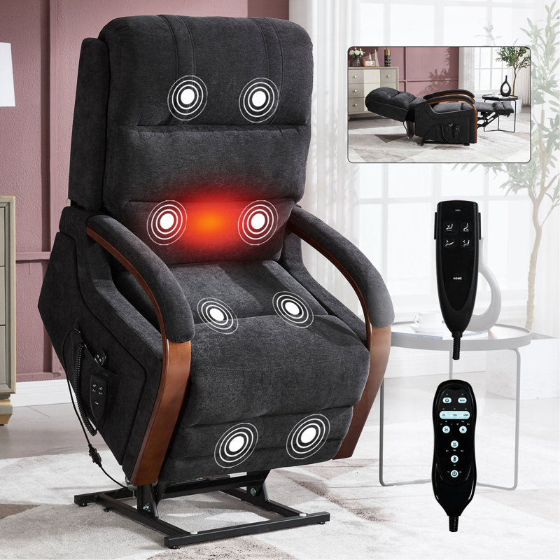 Power Chenille Lift Recliner Chair Dual Motor Infinite Position Up To 350 LBS With Solid Wood Armrests, Heat Massage And Heavy Duty Motion Mechanism