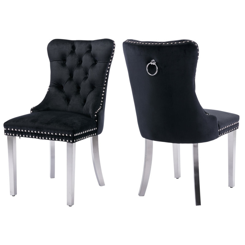 Tufted Velvet Wing Back Side Dining Chairs, Black, Brushed Nickel