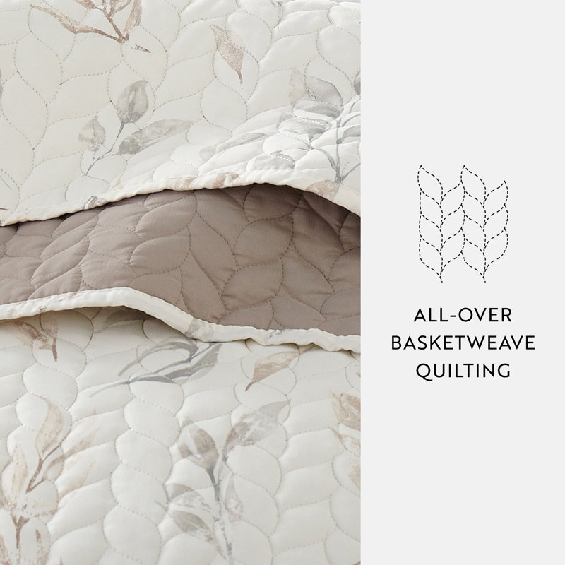 Latte Twin Down Alternative Reversible Microfiber Quilt Set with Watercolor Leaves