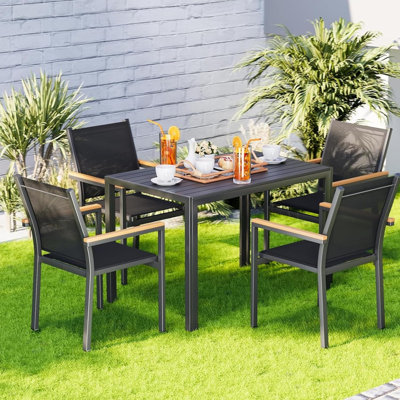  Ensemble de salle à manger d'extérieur 5 pièces, ensemble de table de salle à manger de patio avec 4 chaises empilables en aluminium, table rectangulaire de 43 x 27,6 po avec plateau en bois et cadre en aluminium, pour jardin, patio, bord de piscine, noir