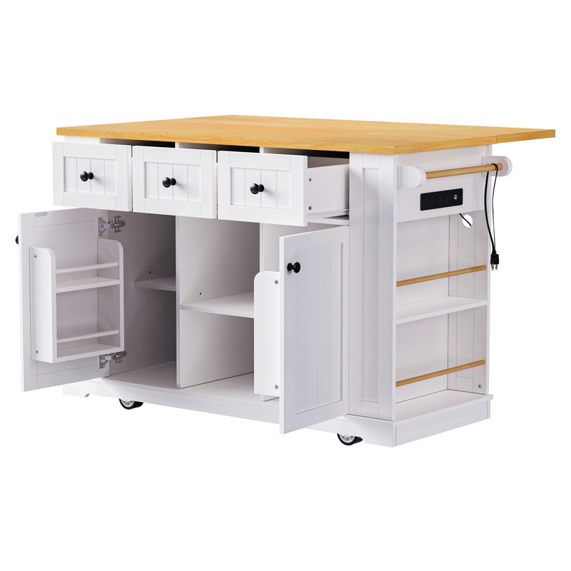 53inch Large Kitchen Island with Drop Leaf,Power Outlet,Door Internal Storage Rack,Rolling Kitchen Cart on 5 Wheels with 5 Open Side Racks for Kitchen (Two Packages)(Stools not included)