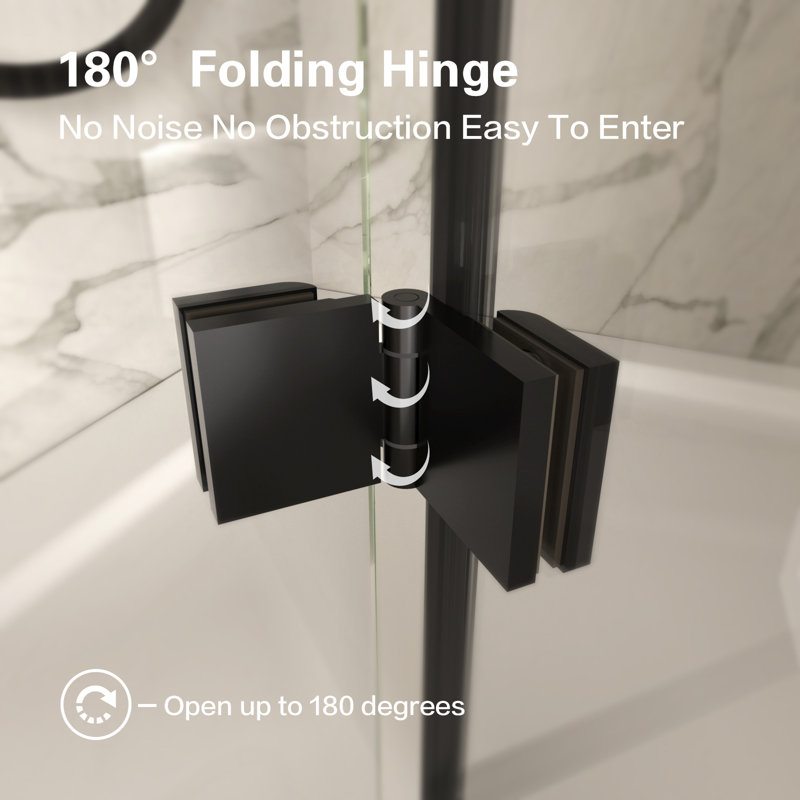 Porte de douche pliante sans cadre de l 34 à 35,4 po x H 72 po, porte de douche en verre trempé clair de 1/4 po (6 mm), porte de douche pivotante pivotante au fini noir mat, installation réversible